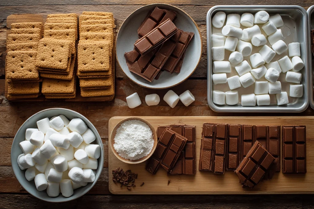 Sheet Pan Smores ingredients including graham crackers chocolate and marshmallows