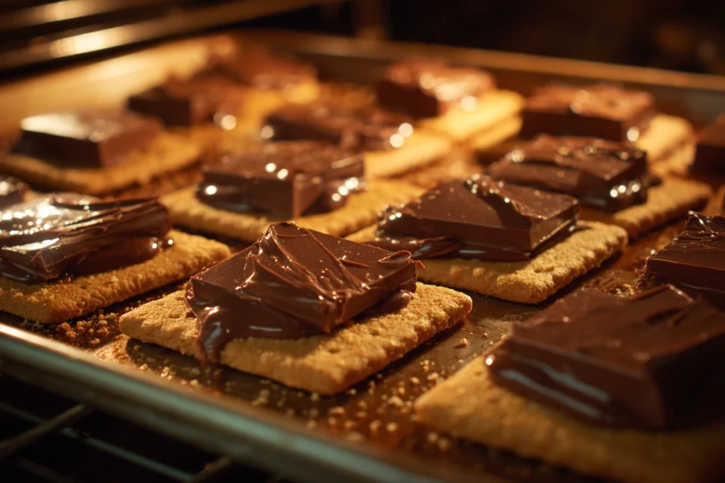 Sheet Pan Smores chocolate melting on graham crackers under the broiler