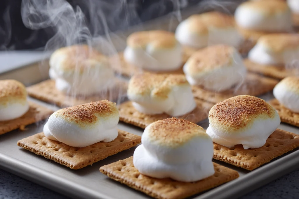 Sheet Pan Smores marshmallows toasted golden and ready to assemble