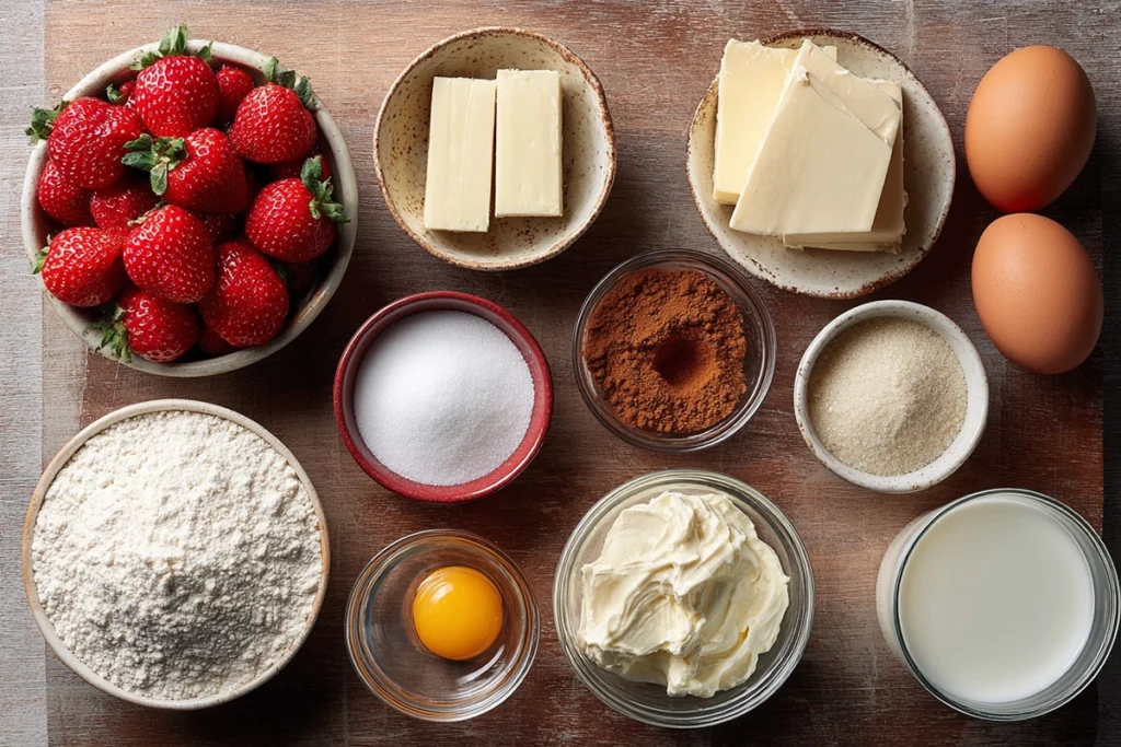 Ingredients for homemade strawberry cinnamon rolls arranged overhead