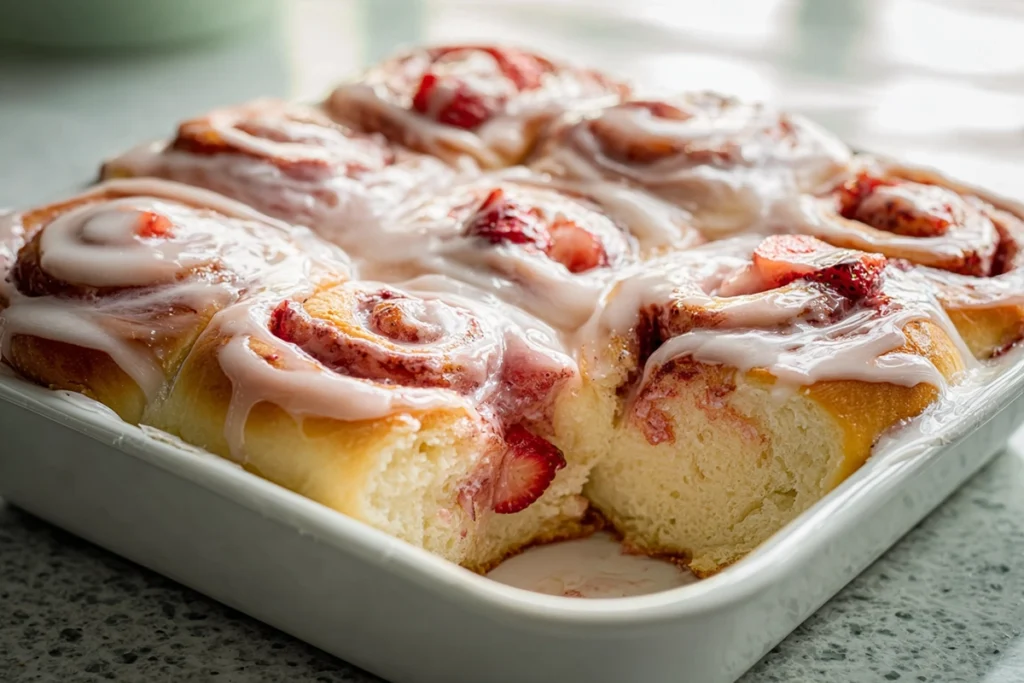 Warm homemade strawberry cinnamon rolls served fresh from the oven