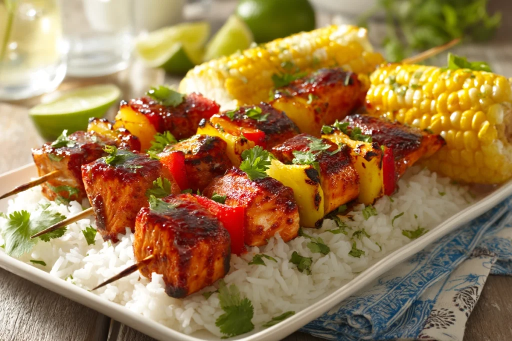 Bbq Pineapple Chicken Kabobs . Serving Platter – Finished Kabobs with Side Dishes