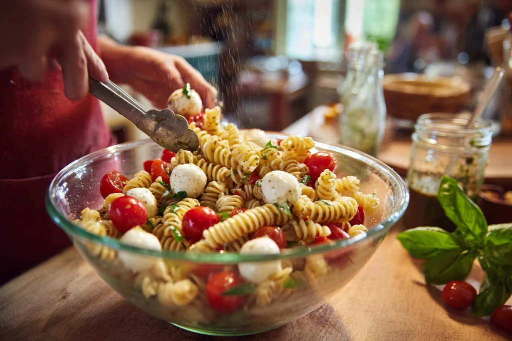 Caprese Pasta Salad Ingredients Preparation Process