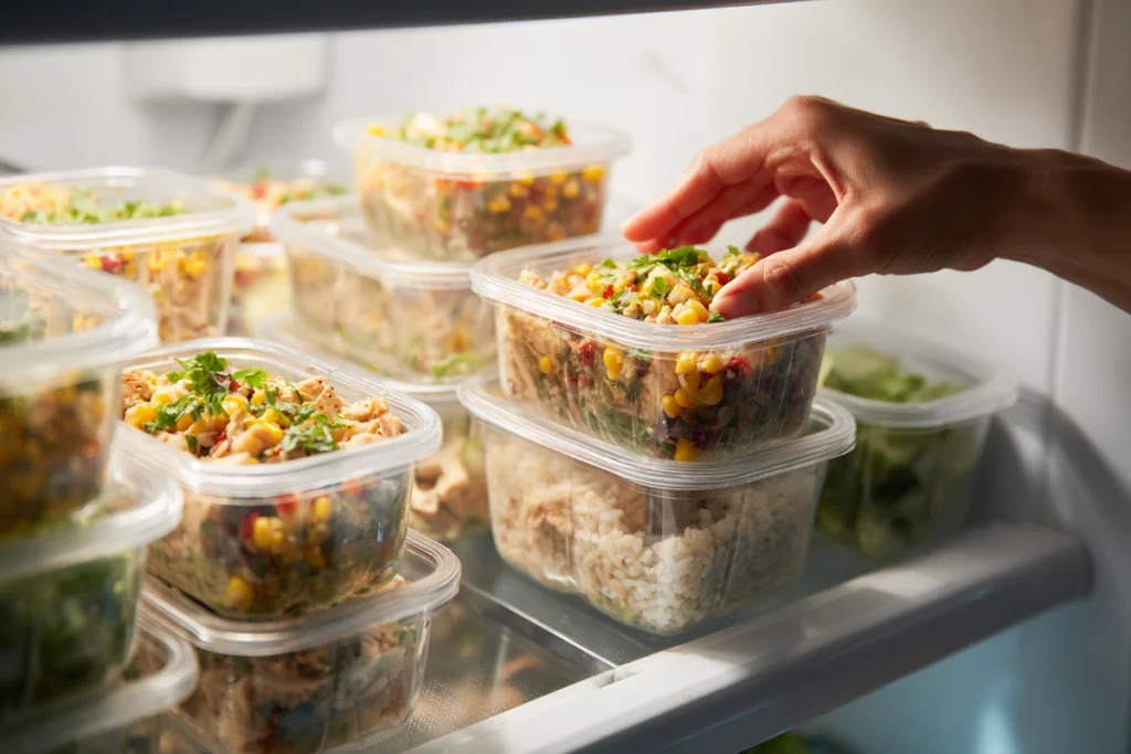 Cilantro Lime Chicken and Corn Meal Prep & Storage Setup