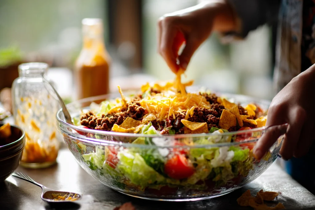 Dorito Taco Salad Assembly Process