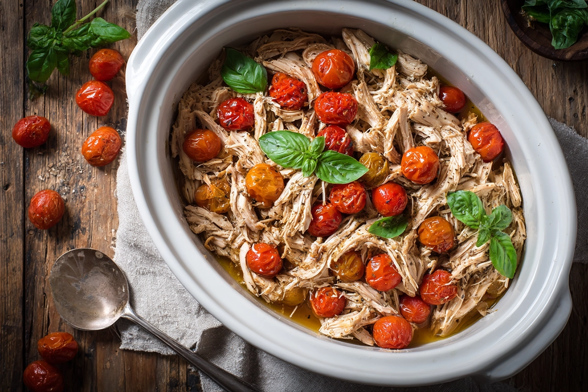 Slow Cooker Chicken with Cherry Tomatoes Basil