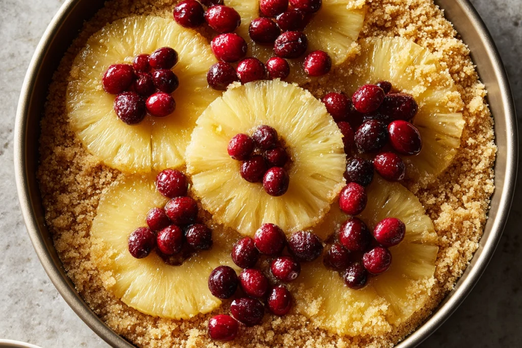 Preparing the fruit layer for Irresistible Cranberry Pineapple Upside Down Cake