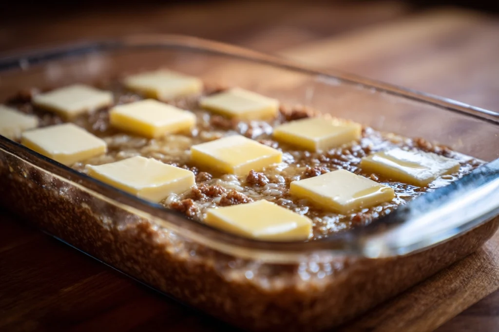 French Onion Ground Beef and Rice Casserole assembled before baking with butter on top