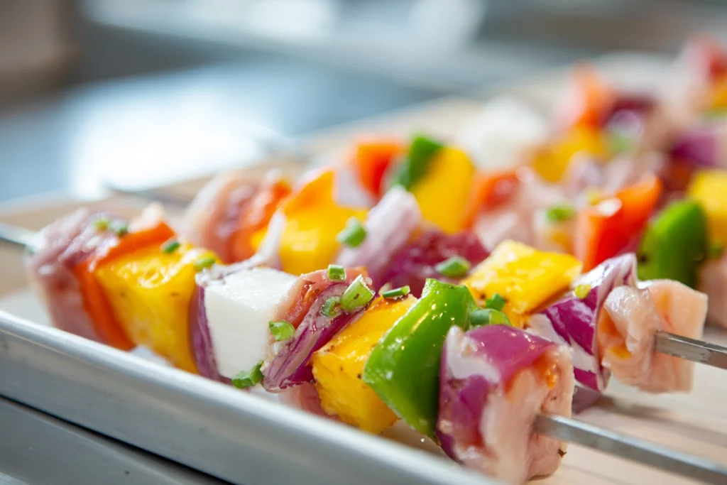 Assembled BBQ Pineapple Chicken Kabobs with chicken, pineapple, peppers, and onions ready for grilling