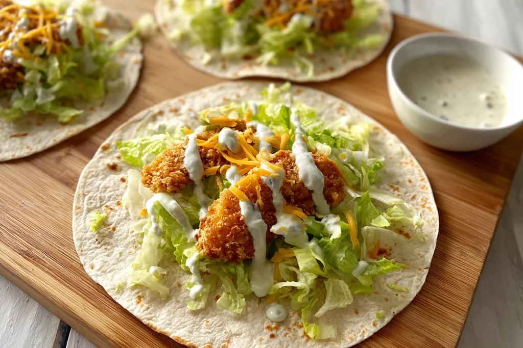 Assembling a Crispy Chicken Ranch Snack Wrap with chicken, cheese, lettuce, and ranch
