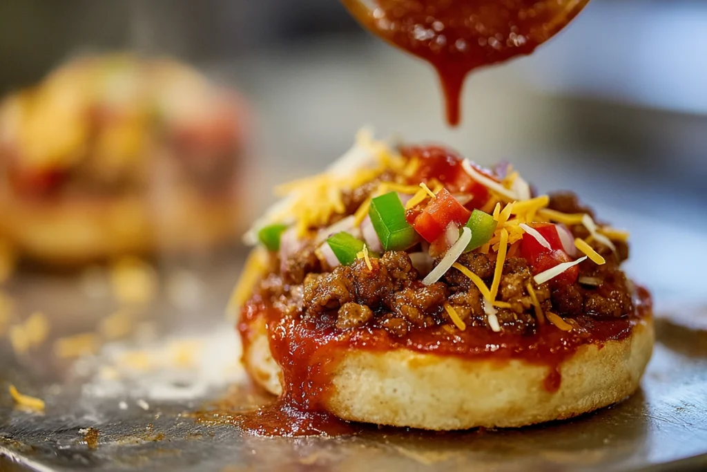 Assembling toppings for English Muffin Breakfast Pizza