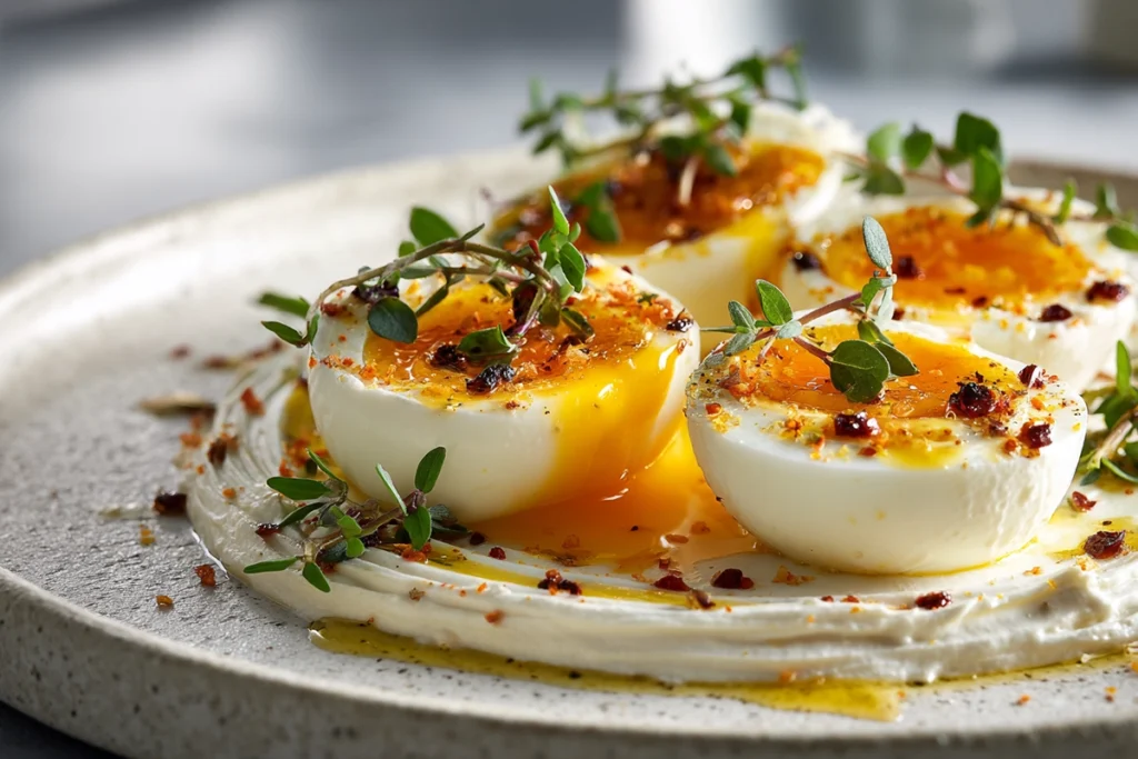 step image showing the assembly of jammy eggs with chili butter and garlic yogurt