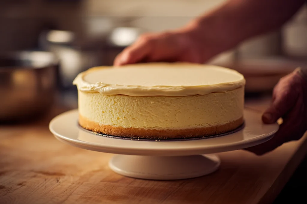 Assembling Lemon Blueberry Cheesecake Cake with cake and cheesecake layers