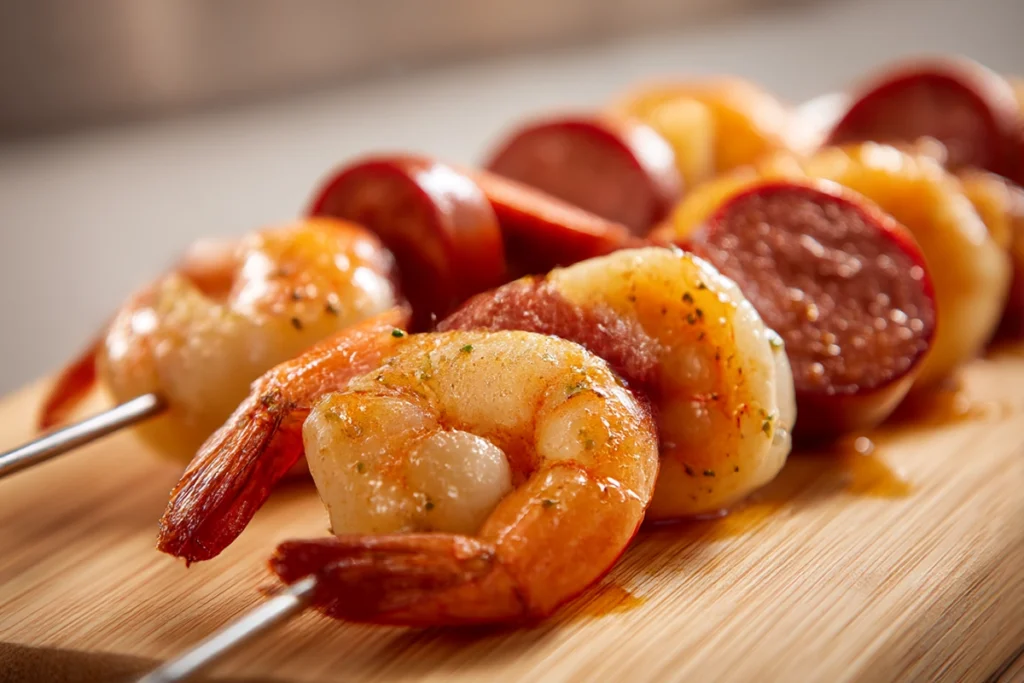 Sausage grilled shrimp kabobs assembled raw on skewers before grilling