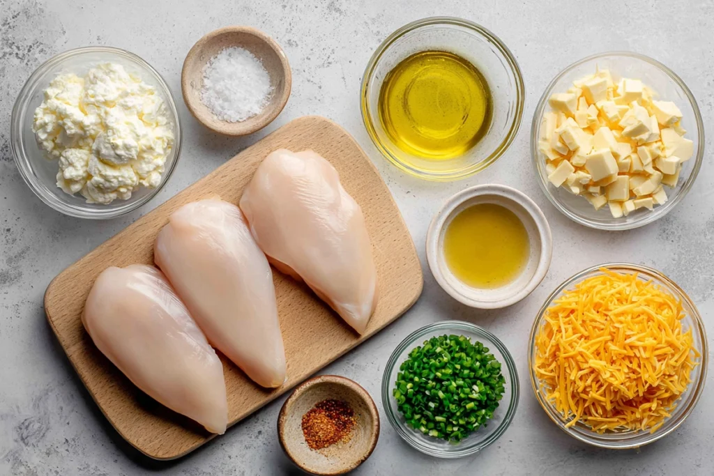 ingredients for baked cream cheese chicken arranged overhead