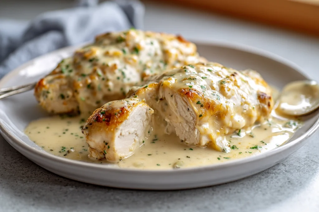 baked cream cheese chicken sliced and ready to serve
