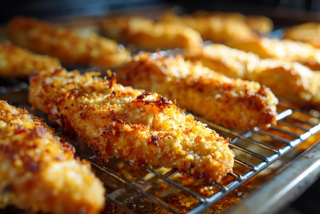 Parmesan Crusted Chicken Tenders baking on a wire rack until golden