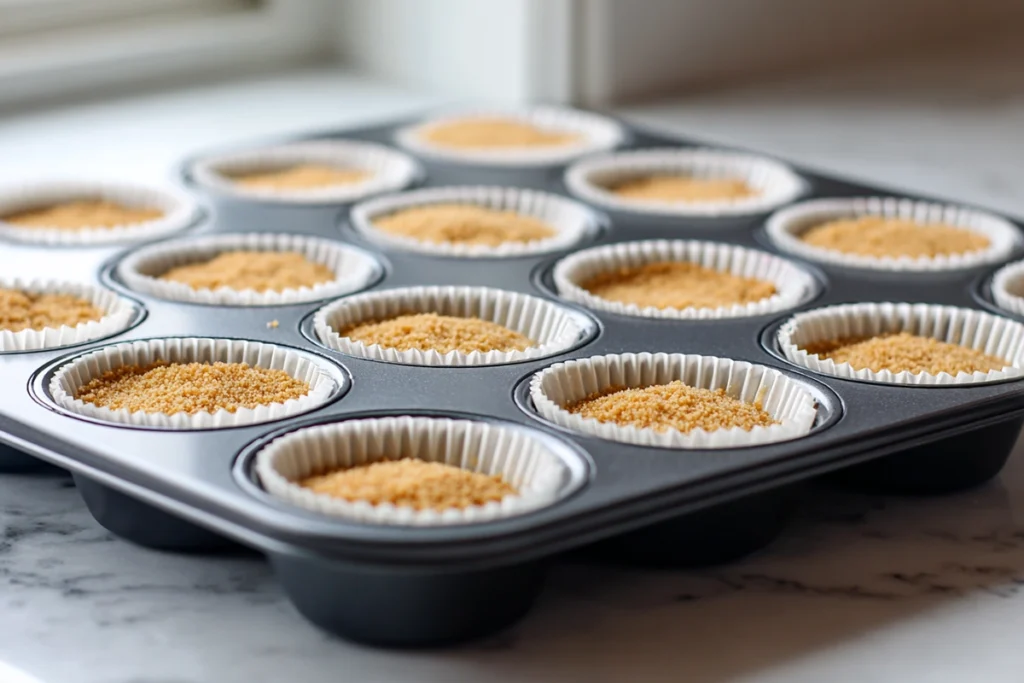 Graham cracker crusts baking for Mini Blackberry Lavender Cheesecakes