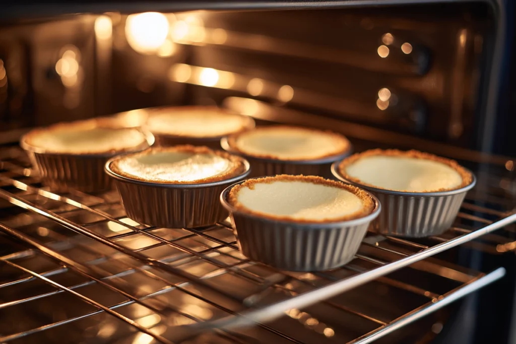 Mini Crème Brûlée Cheesecakes baking until just set