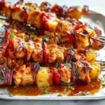 BBQ Pineapple Chicken Kabobs plated on a modern kitchen counter with caramelized pineapple and grilled chicken