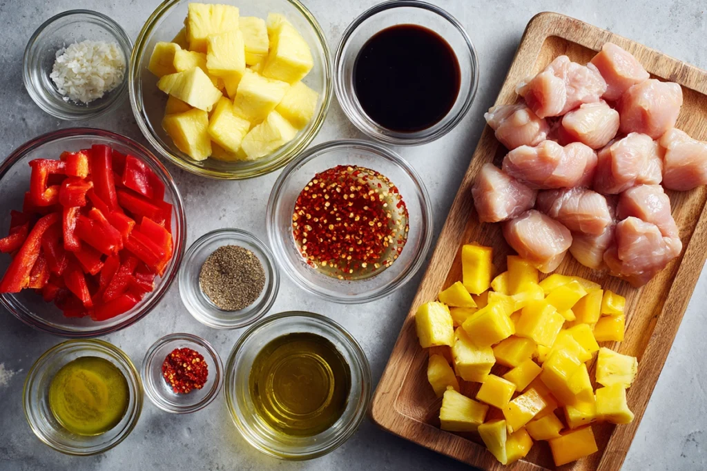 Overhead shot of ingredients for BBQ Pineapple Chicken Kabobs including chicken, pineapple, peppers, and BBQ sauce