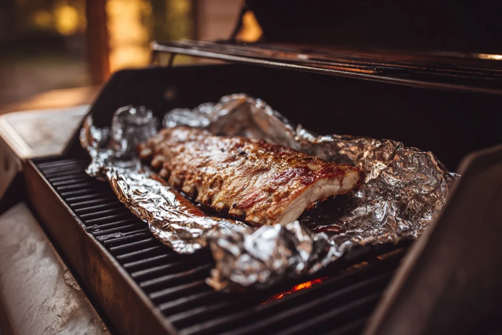 BBQ Ribs On The Grill cooking slowly in foil over indirect heat