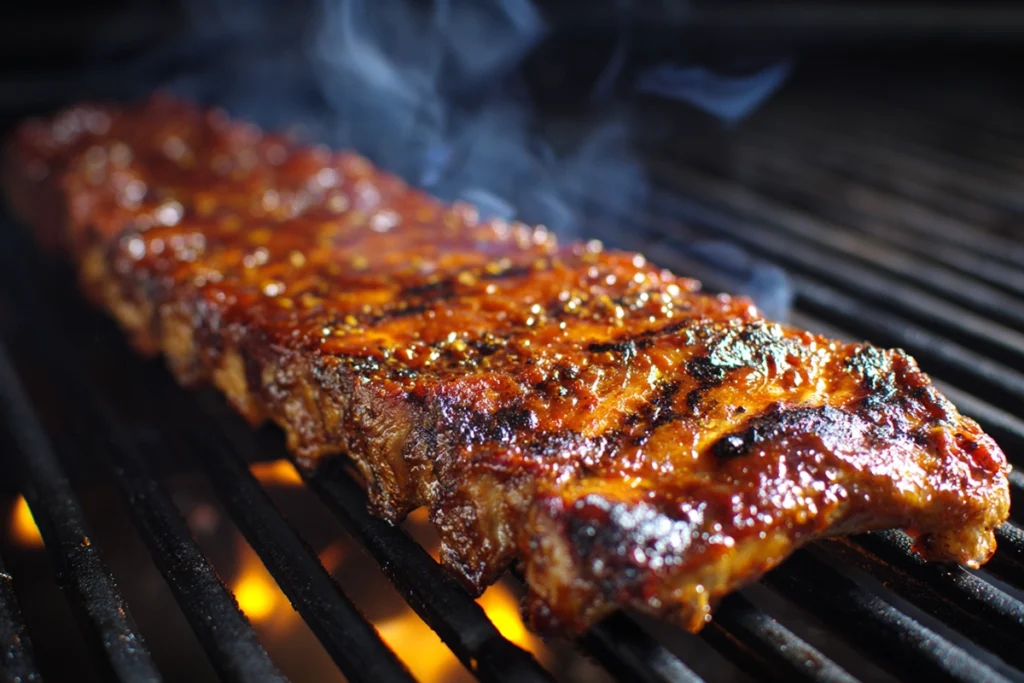 BBQ Ribs On The Grill caramelizing with barbecue sauce