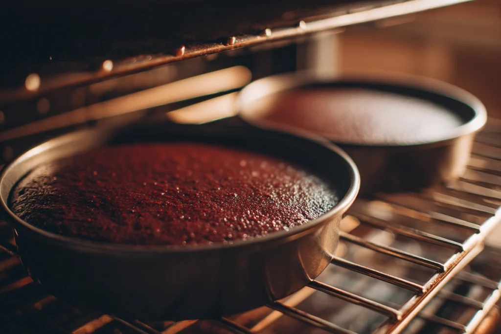 Blackberry Velvet Gothic Cake layers baking in round cake pans in a home oven