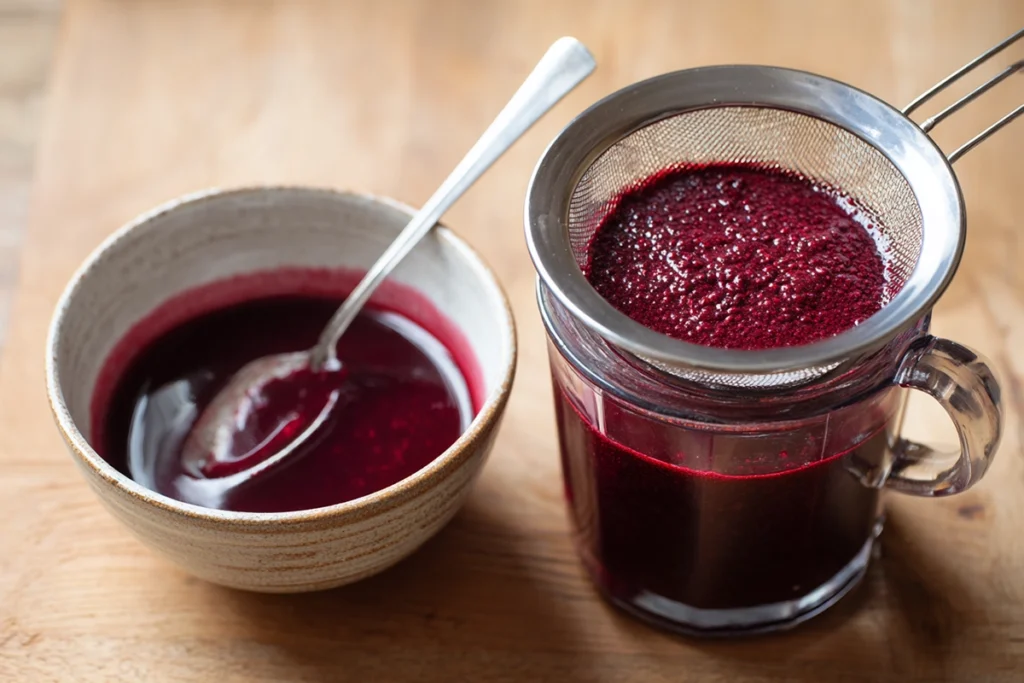 Straining fresh blackberry puree for Blackberry Velvet Gothic Cake batter
