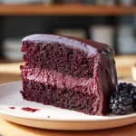 Blackberry Velvet Gothic Cake slice with dark ganache and fresh blackberries on a ceramic plate