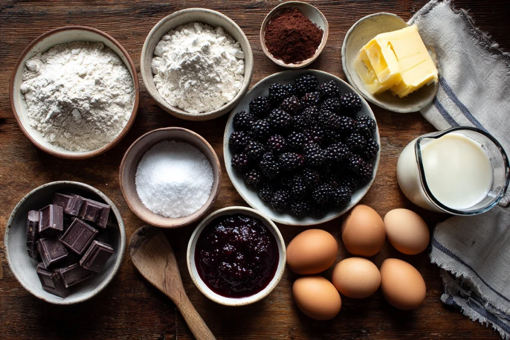 Ingredients for Blackberry Velvet Gothic Cake arranged on a wooden kitchen counter