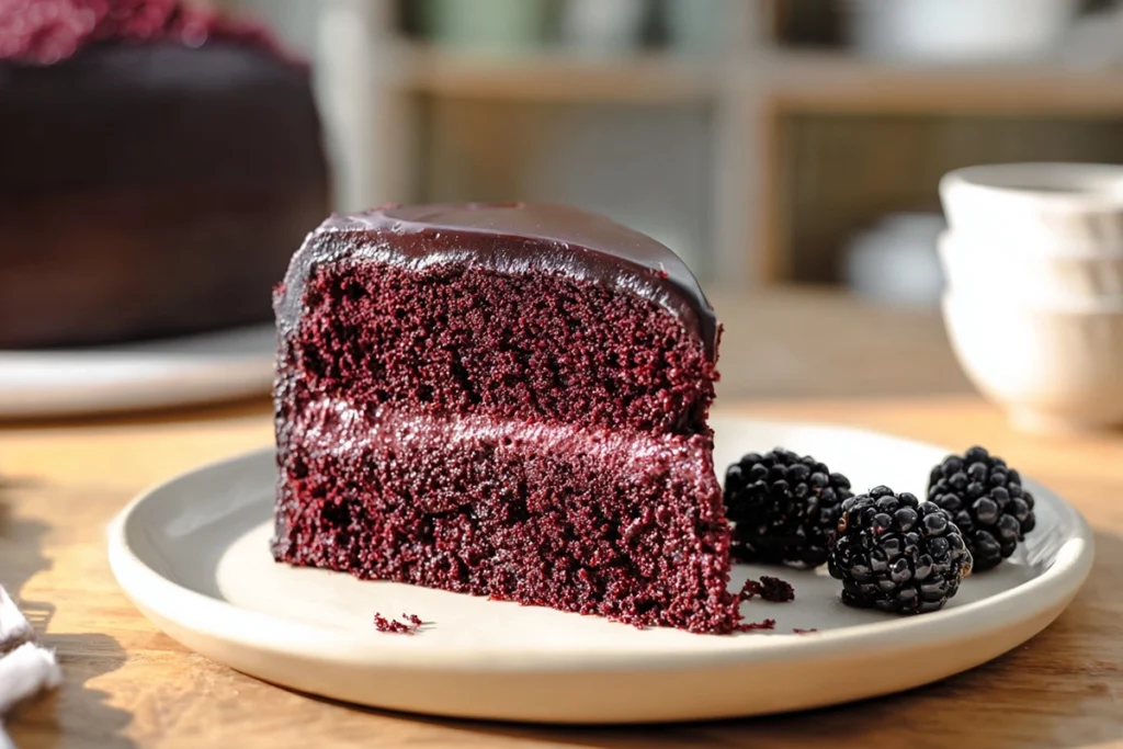 Blackberry Velvet Gothic Cake sliced and ready to serve in a cozy home kitchen