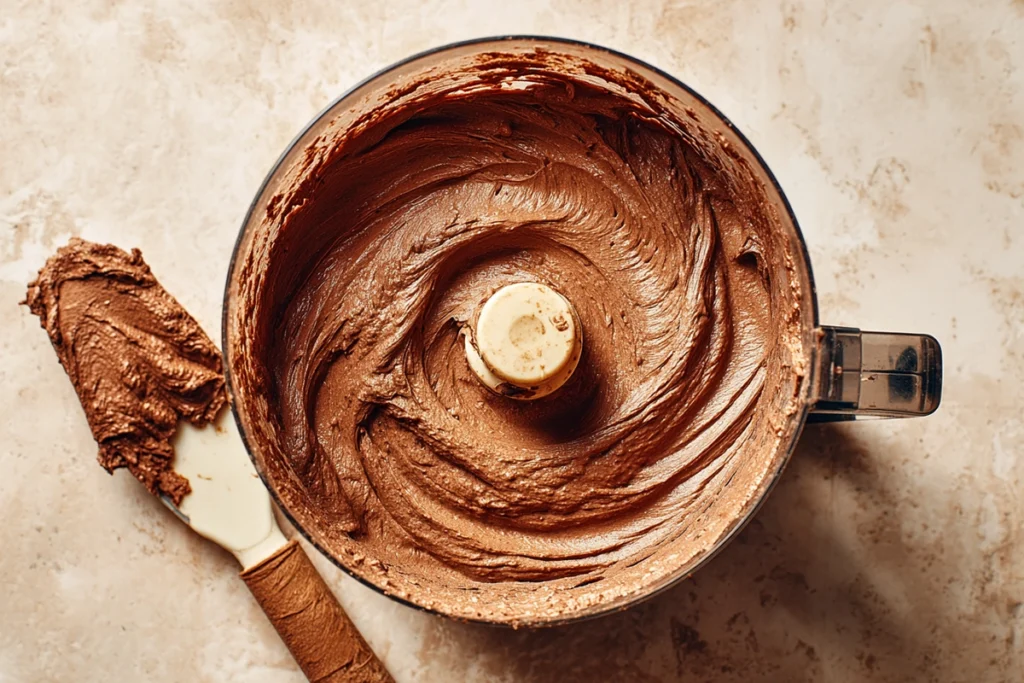 Blending frozen bananas and cacao into creamy healthy chocolate nice cream