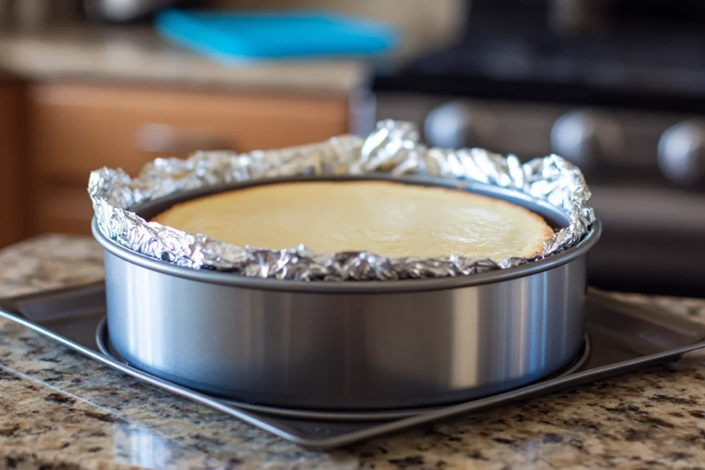 Blueberry cheesecake layer baking for Lemon Blueberry Cheesecake Cake in a water bath
