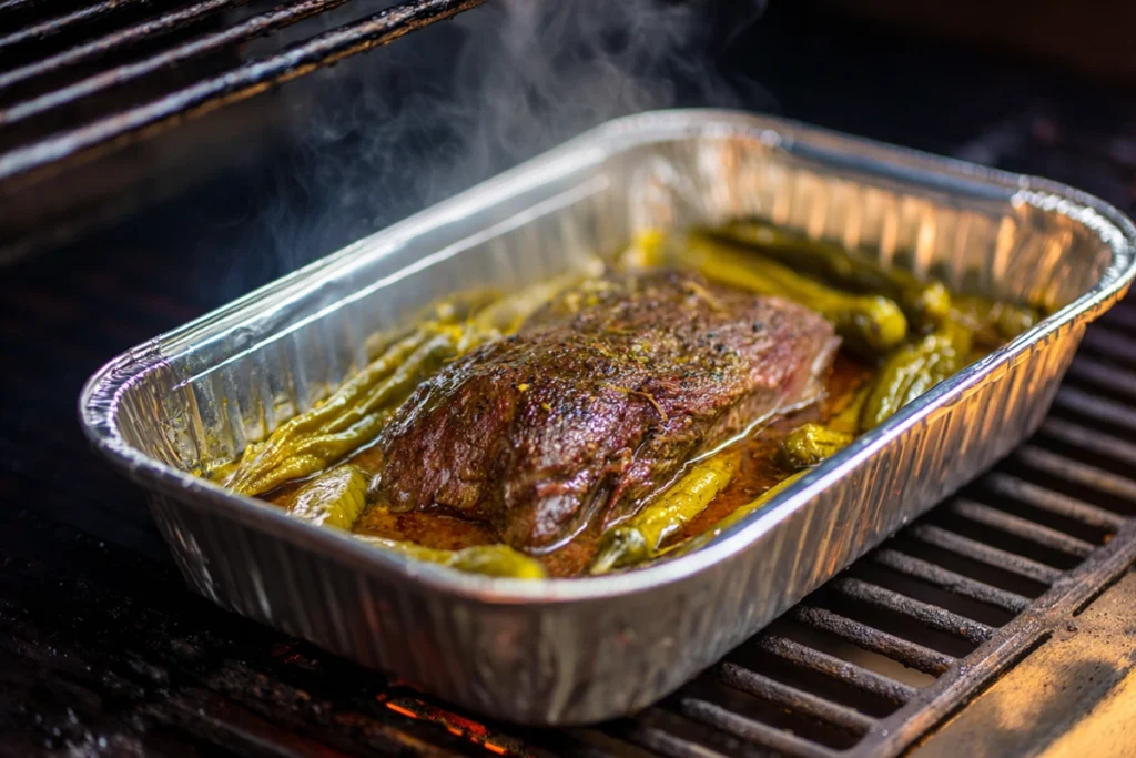 Traeger Mississippi Pot Roast Recipe braising with pepperoncini and butter