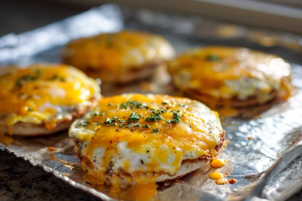 broiled english muffin breakfast pizza with melted cheese