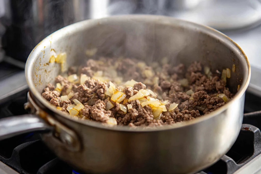 Ground beef and onion browning in a pot for One Pot Beef and Cheddar Ranch Pasta
