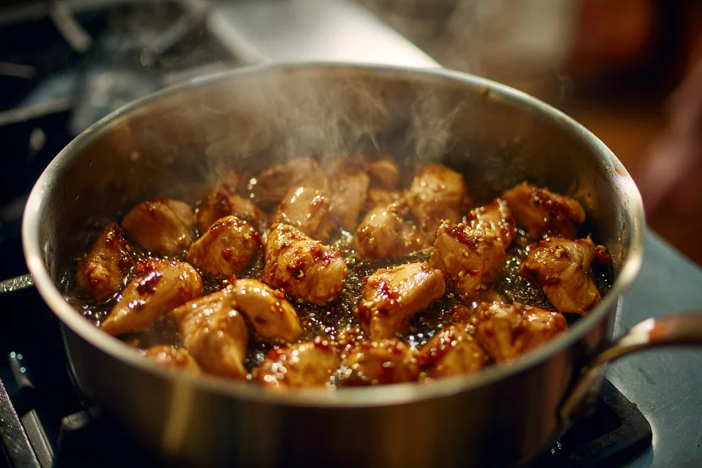 Chicken browning in a pot for Fiery Chicken Ramen With Creamy Garlic Sauce