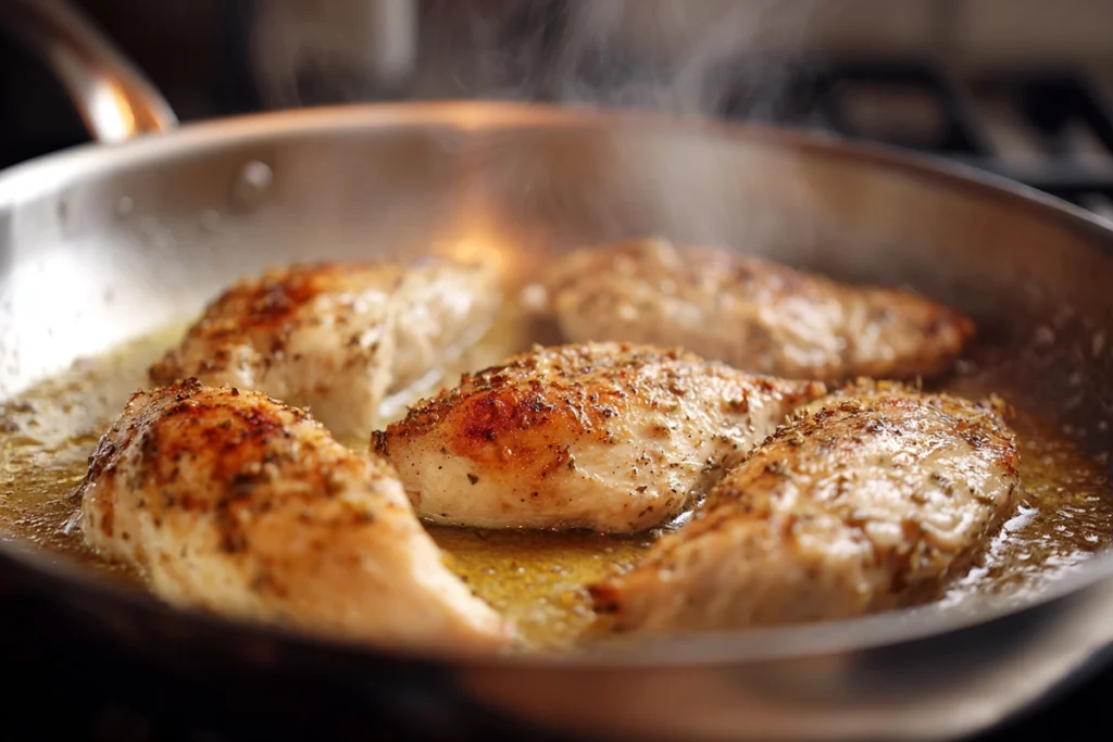 Chicken browning in a skillet for Tuscan Chicken Pasta