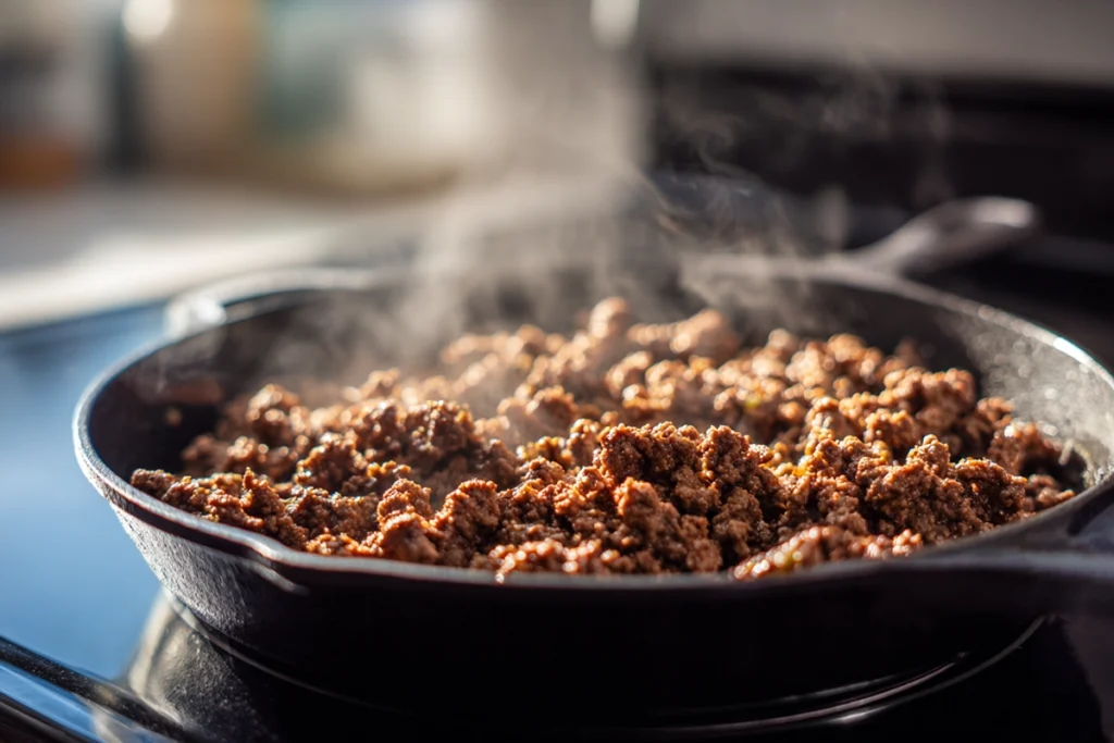 Browning ground beef for French Onion Ground Beef and Rice Casserole in a home kitchen
