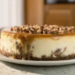 Butterscotch Pecan Cheesecake on a ceramic plate in a cozy home kitchen