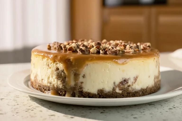Butterscotch Pecan Cheesecake on a ceramic plate in a cozy home kitchen