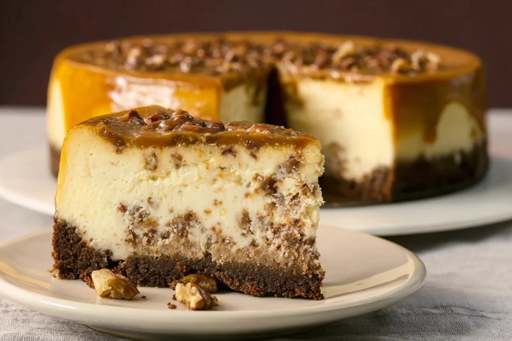 Sliced Butterscotch Pecan Cheesecake showing creamy texture and nut filling
