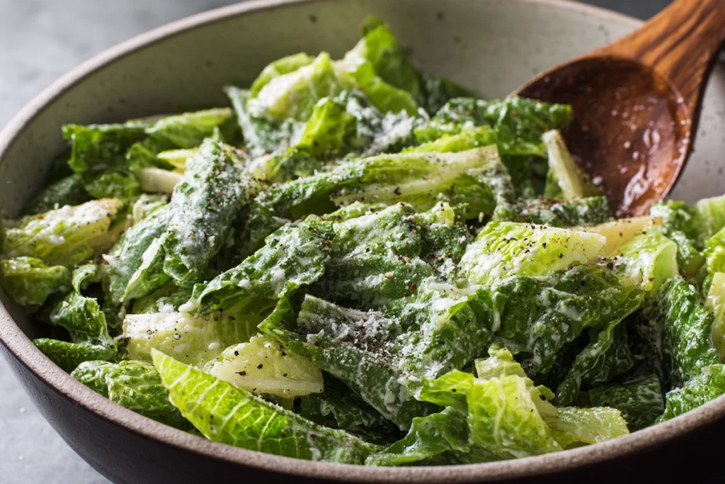 Caesar salad being tossed for Chicken Caesar Croissant Sandwich