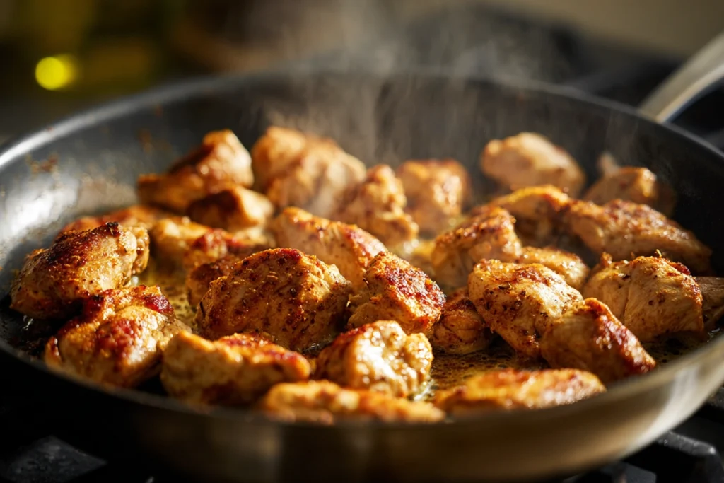 Cajun-seasoned chicken searing in a skillet for Creamy Cajun Chicken Pasta
