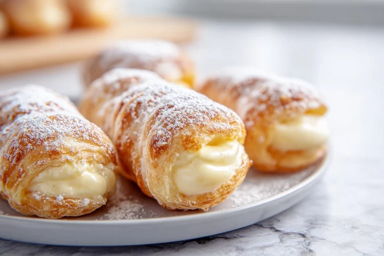 Golden Cannoncini filled with vanilla custard on a white plate in a modern kitchen