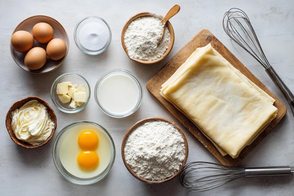 Overhead view of Cannoncini ingredients including puff pastry, eggs, milk, sugar, and vanilla bean