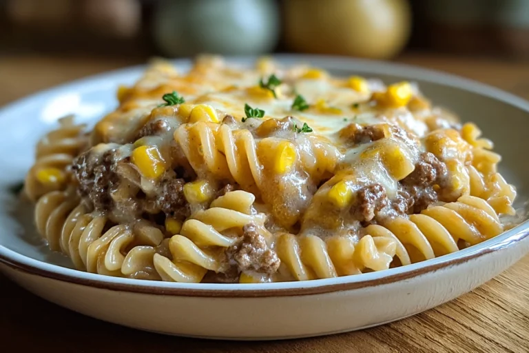 Cheddar Ranch Beef Rotini Bake plated on a ceramic dish in a cozy home kitchen