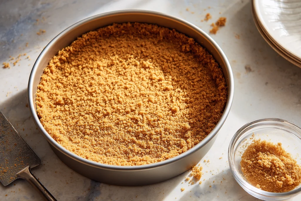 Preparing the graham cracker crust for strawberry lemonade cheesecake in a springform pan