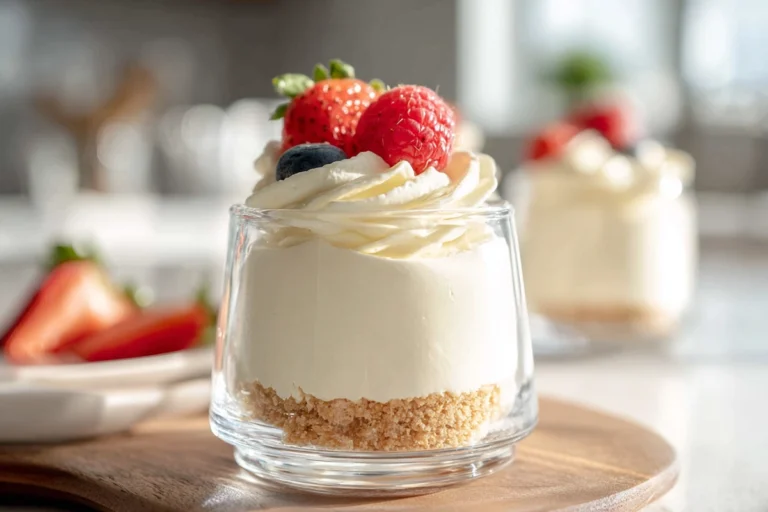 Cheesecake mousse cups with graham cracker crust and fresh berries in a modern home kitchen
